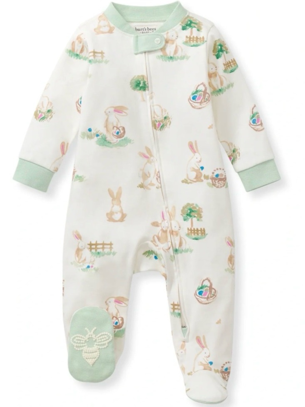 Burt's Bees Baby Cream Footed One-Piece with Mint Trim and Bunny Print
